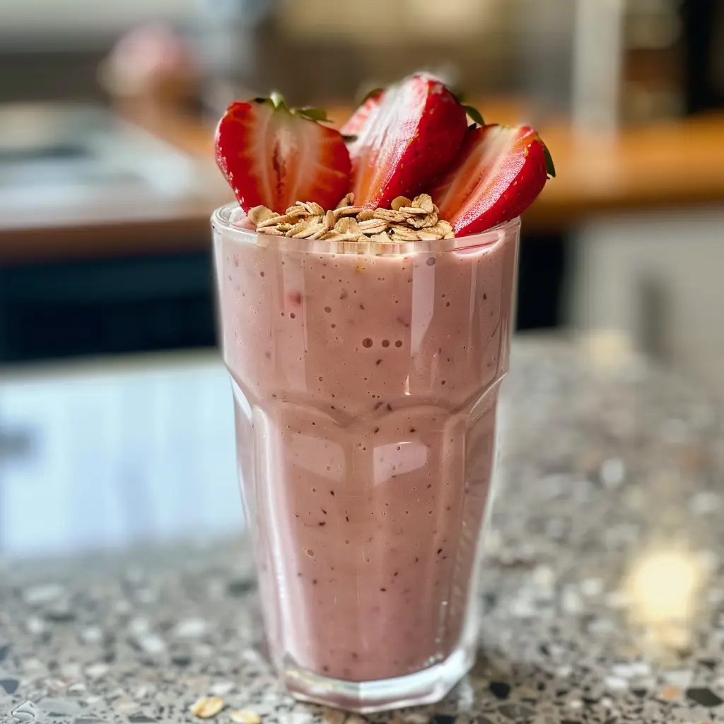 Strawberry oats smoothie for weight loss in a glass topped with strawberries and oats