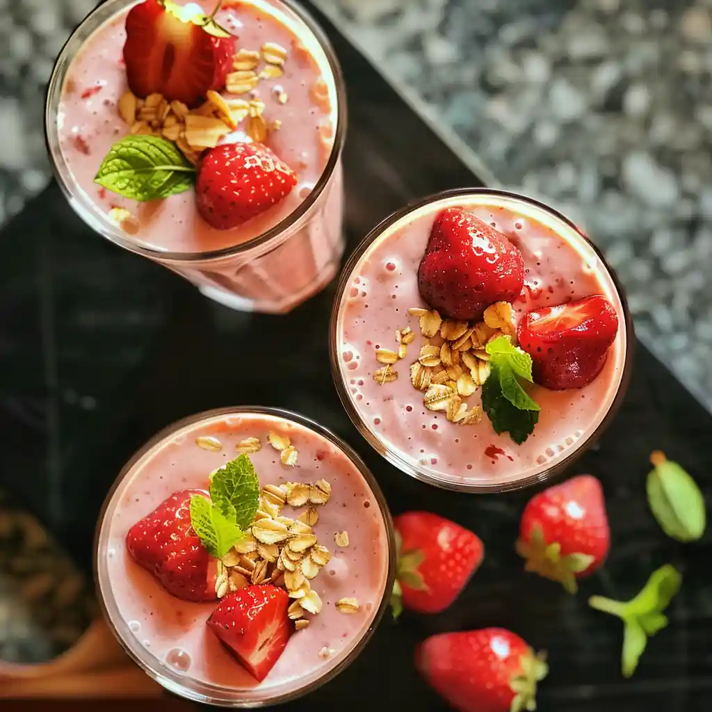 Strawberry oats smoothie glasses lined up with garnish of oats and strawberries