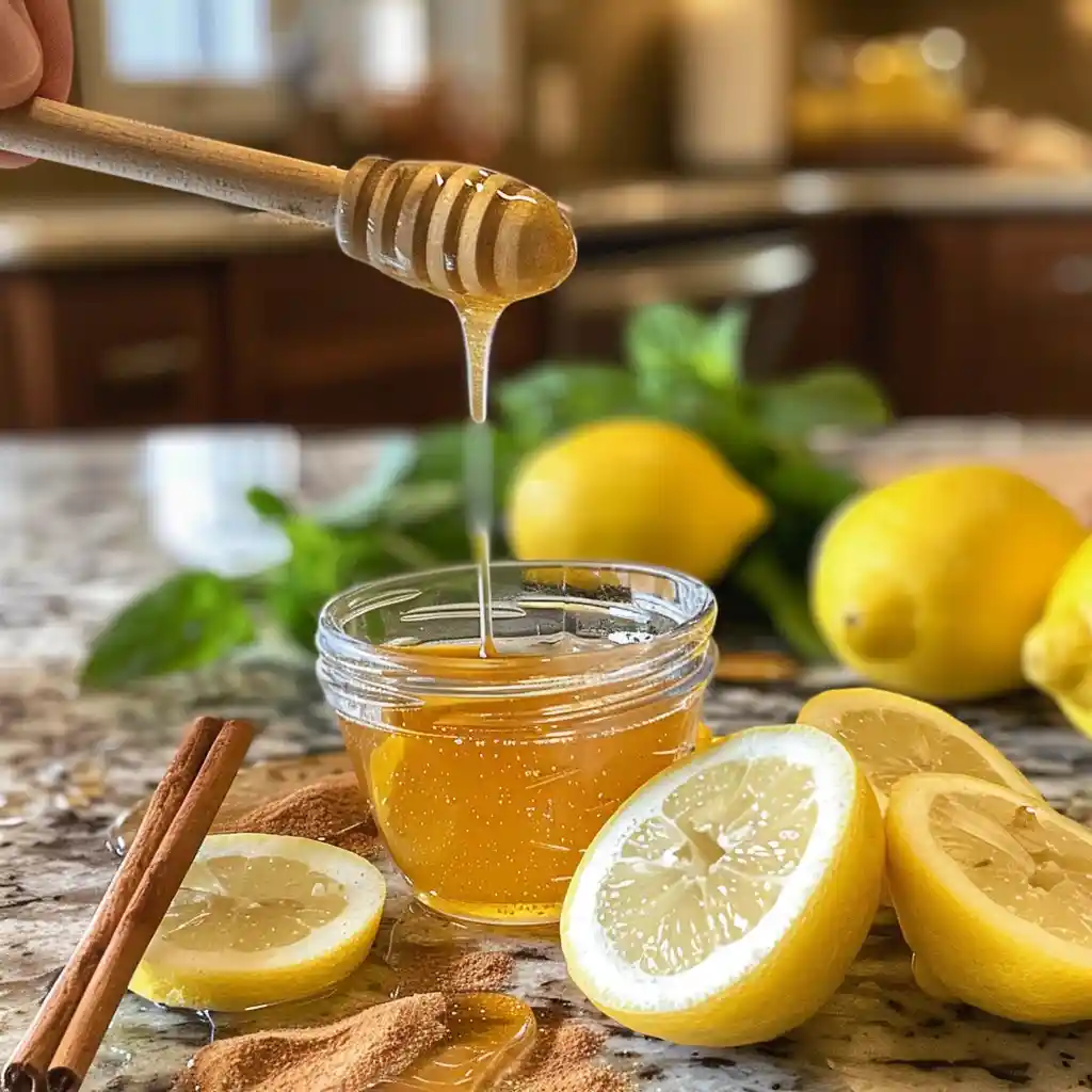 Teaspoon of raw apple cider vinegar being poured into warm lemon water with cinnamon and honey nearby