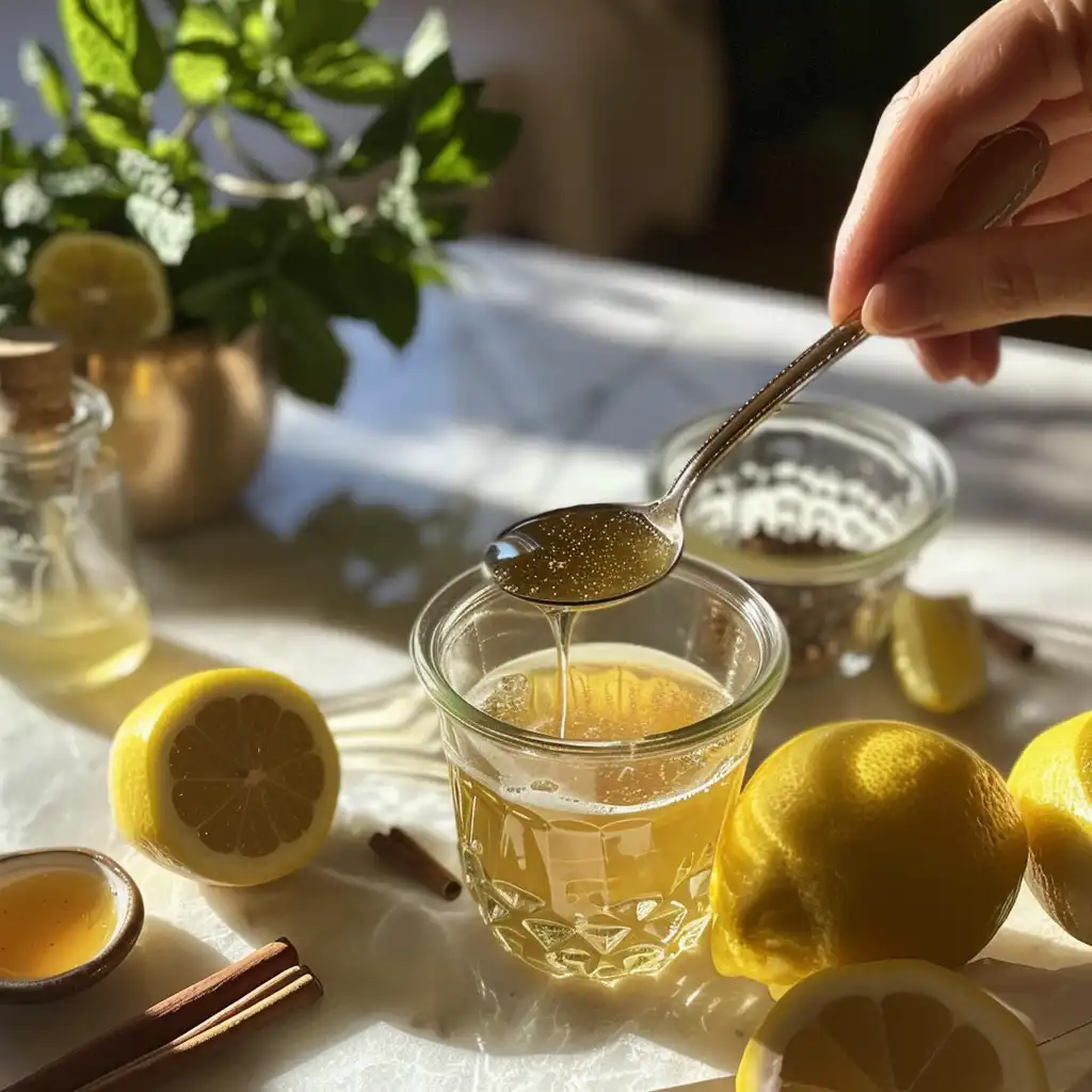 Teaspoon of raw apple cider vinegar measured over a glass of warm lemon water with cinnamon and honey nearby