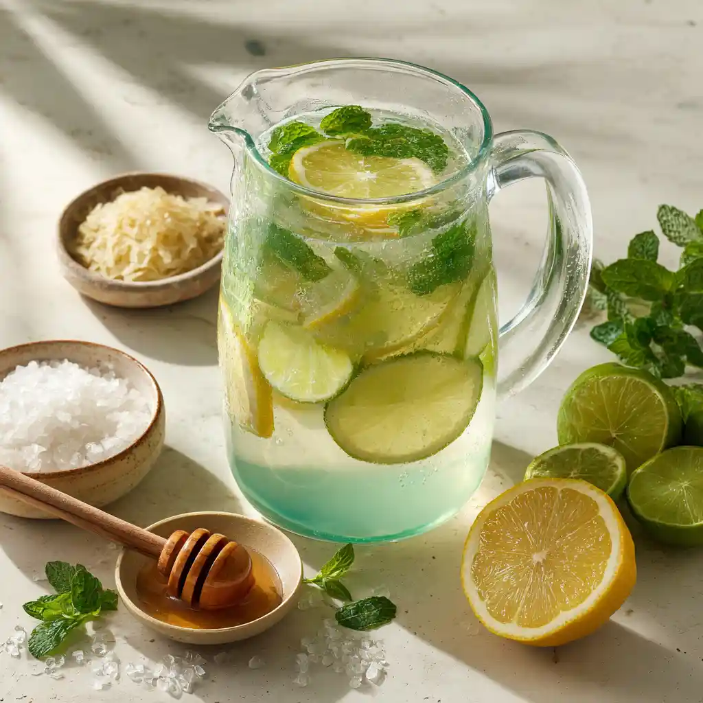 Top view of natural Gatorade with citrus and honey on tray