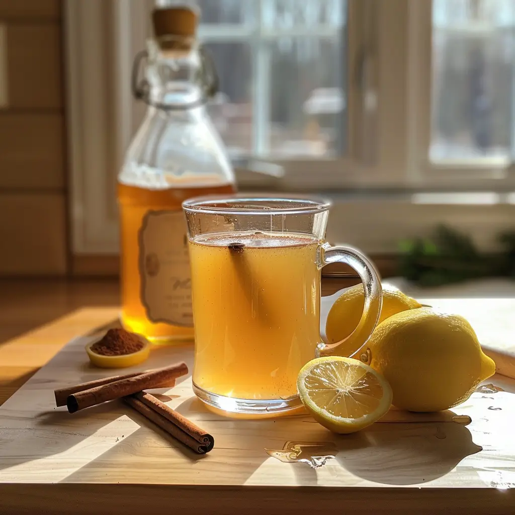Warm apple cider vinegar lemon drink in a clear glass with raw ACV bottle, honey, and cinnamon on a rustic wooden counter