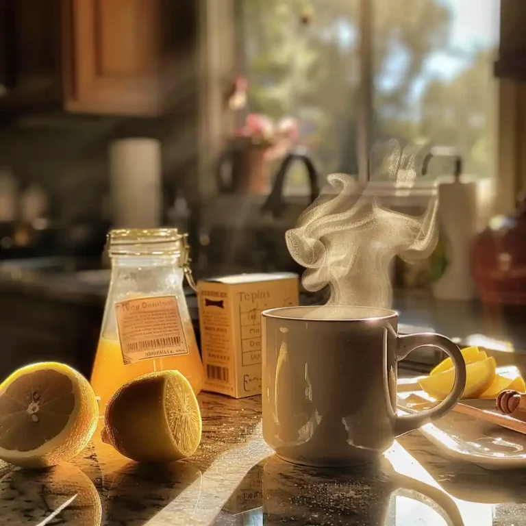 Warm baking soda and lemon water in a ceramic mug with ingredients on a sunlit counter