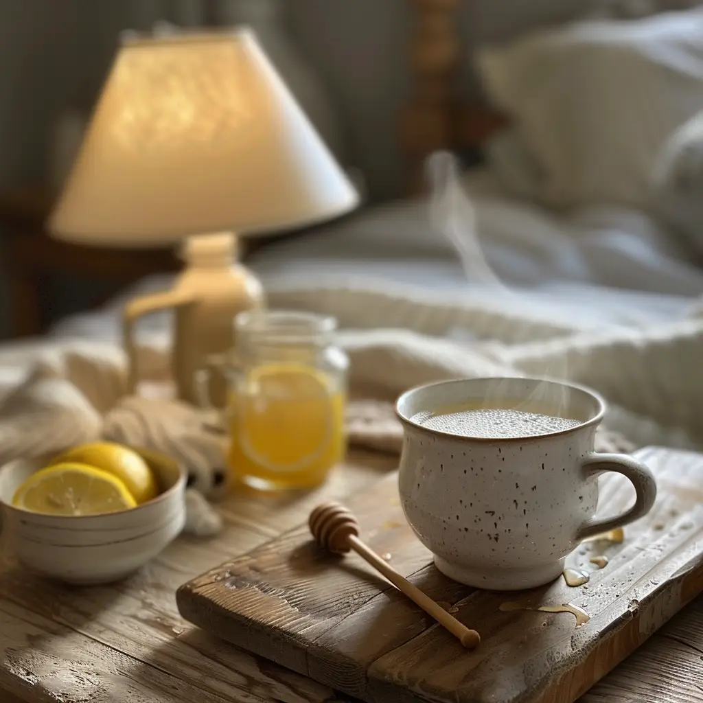 Warm chamomile tea with gelatin powder on a bedside table as part of a gentle nighttime weight loss ritual