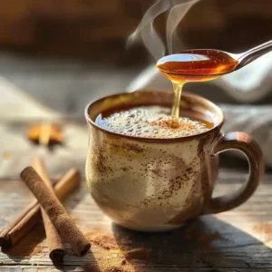 Warm honey and cinnamon drink in a rustic mug with steam rising on a wooden table