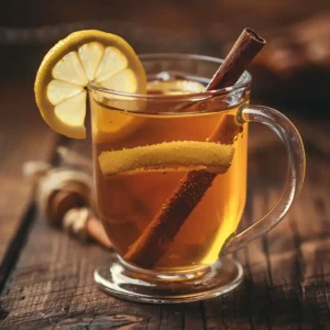 Warm honey drink for brain fog with lemon and cinnamon on a wooden table