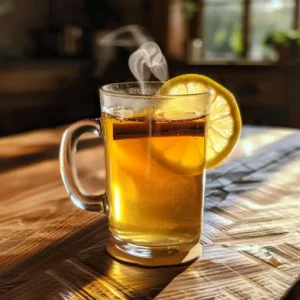 Warm honey water with lemon slice in a clear glass – the classic recipe for the honey trick