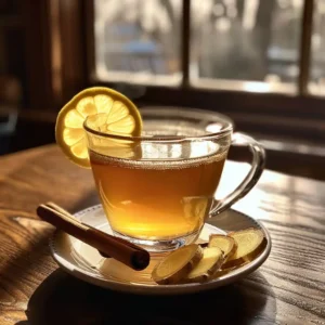 Warm honey–lemon water in a steaming mug with cinnamon and ginger on a sunlit kitchen counter