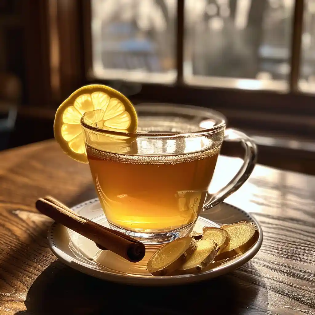 Warm honey–lemon water in a steaming mug with cinnamon and ginger on a sunlit kitchen counter