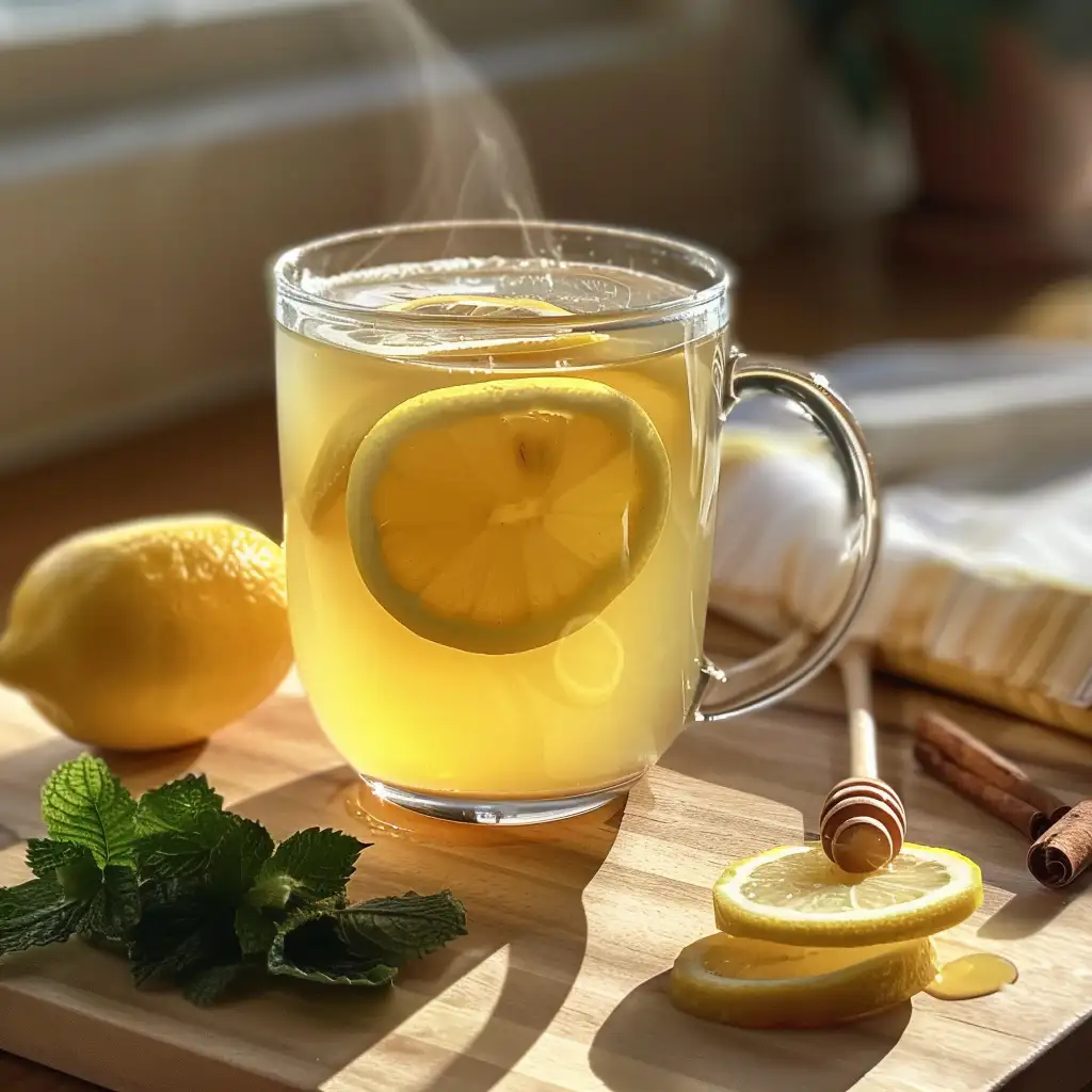 Warm lemon weight loss drink in a clear mug with lemon slices, honey, cinnamon, and mint on a wooden counter