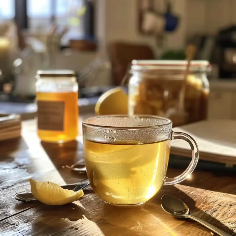 Warm mug of chamomile tea mixed with gelatin on a wooden counter beside lemon and honey