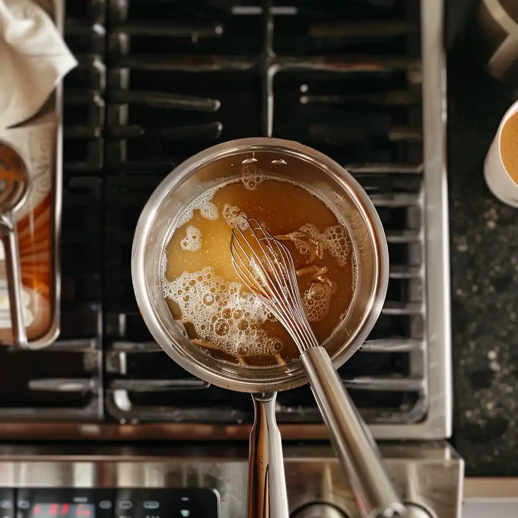 Whisk stirring gelatin into warm broth in a saucepan on the stove