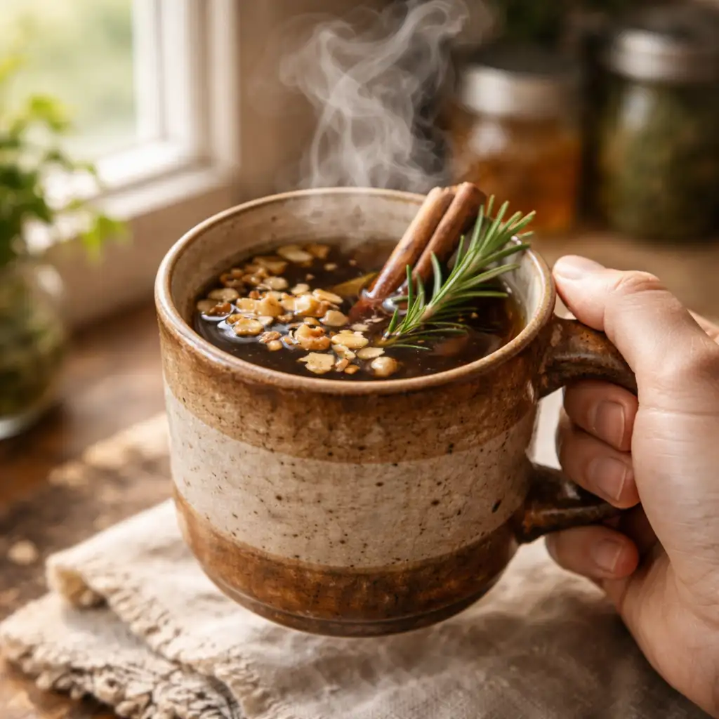the elephant trick recipe - A cozy hand holding elephant trick tea near a sunlit kitchen window
