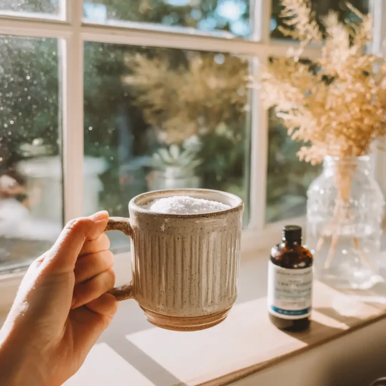 Hand holding freshly made baking soda trick recipe near bright kitchen window