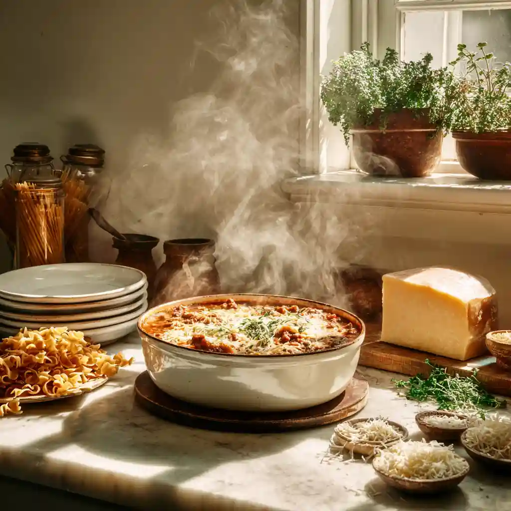 soup recipes lasagna_Bowl of lasagna soup surrounded by ingredients on a farmhouse counter