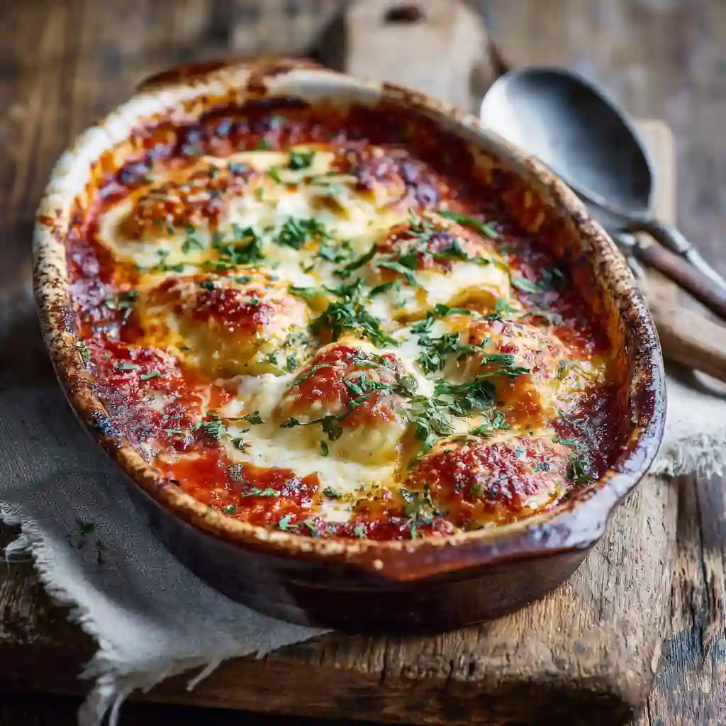 Bubbling tray of dumpling lasagna fresh from the oven with melted cheese and tomato sauce