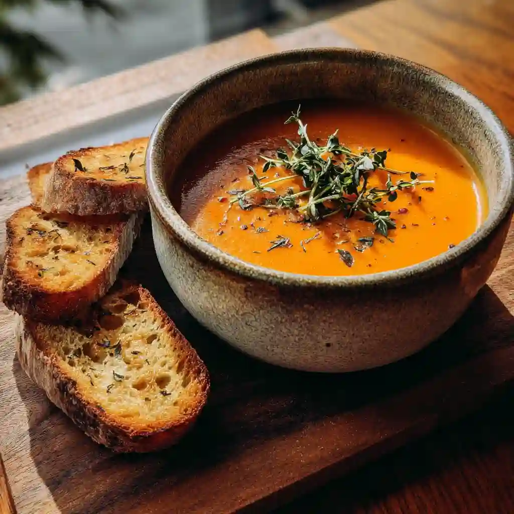 Butternut squash tomato soup in a rustic ceramic bowl with fresh herbs