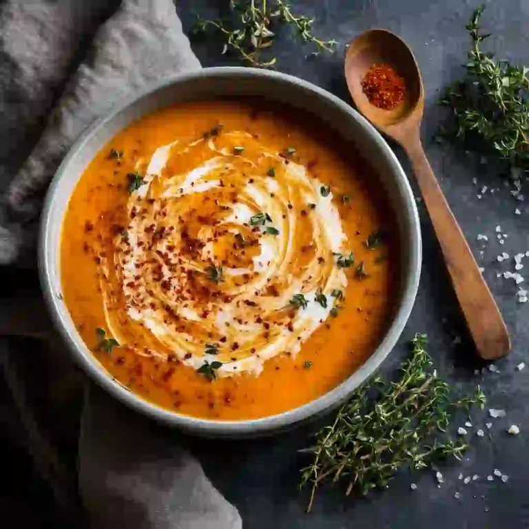 Butternut squash tomato soup in a wide bowl with coconut cream swirl