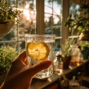 Celtic sea salt beside warm lemon water and herbal tea on a cozy table
