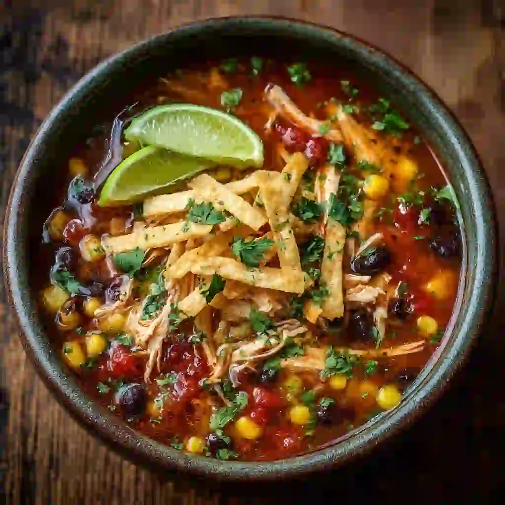 Chicken tortilla soup Panera style in a rustic bowl with shredded chicken and tortilla strips
