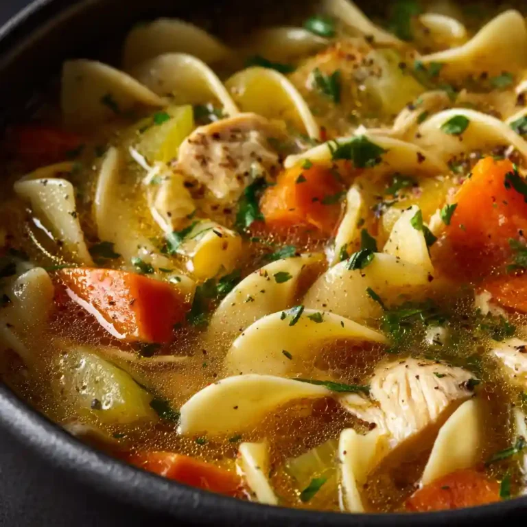 Close-up of hearty chicken noodle soup with steam rising