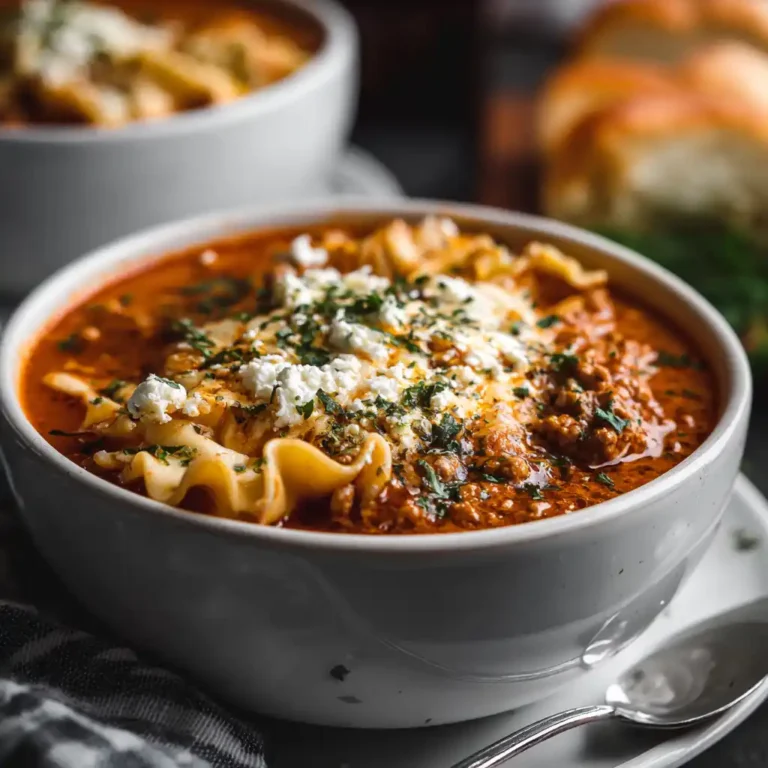 Close-up of lasagna soup with noodles, turkey, and cottage cheese melting