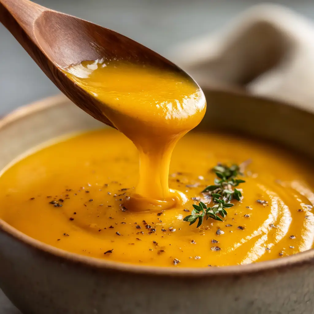 butternut squash soup at Panera_Close-up of Panera-inspired butternut squash soup with spoon