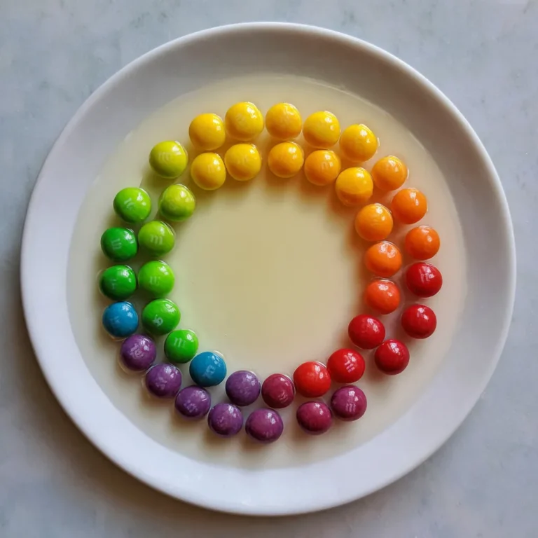 Close-up of Skittles water experiment mid-swirling