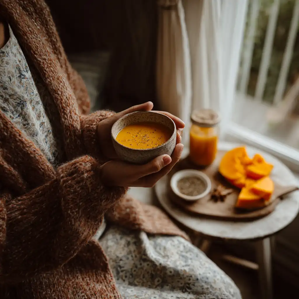 Cozy living room scene with person holding butternut squash soup