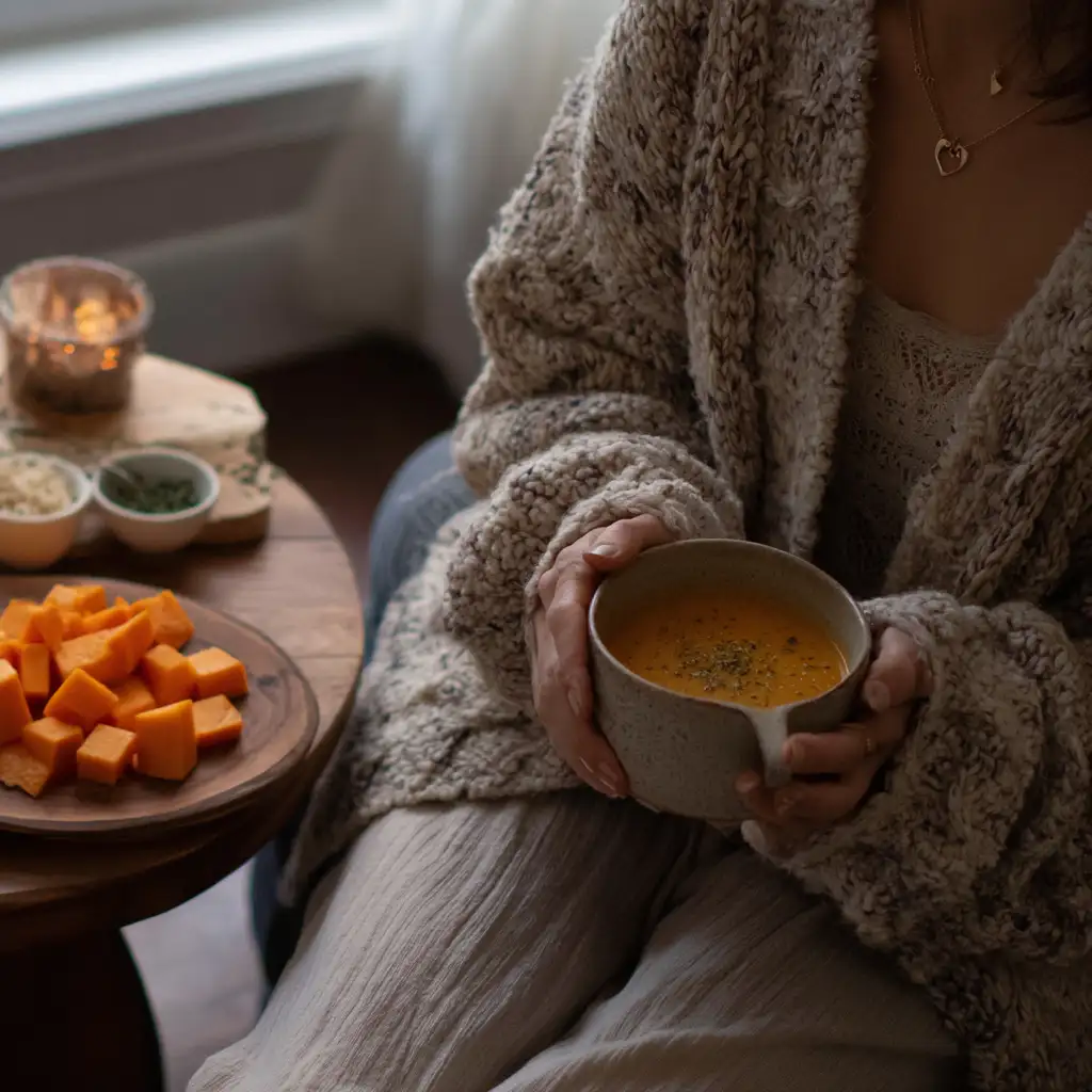 Cozy living room with person holding butternut squash soup and ingredients on side table