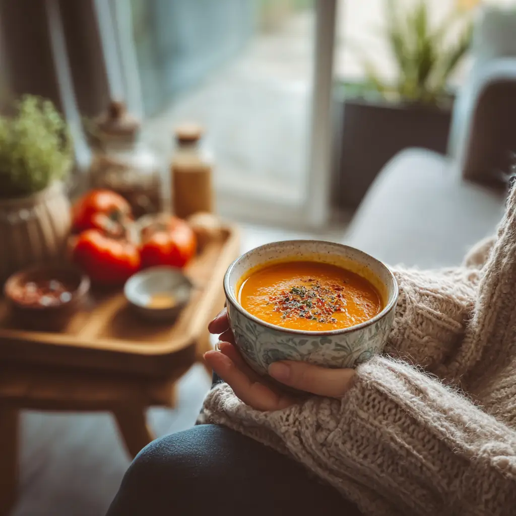 butternut squash soup tomato_Cozy living room with mug of butternut squash tomato soup and ingredients on side table