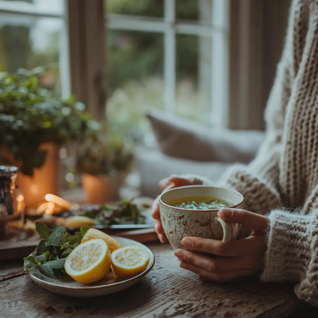 Cozy scene with lemon balm tea and main ingredients on a side table