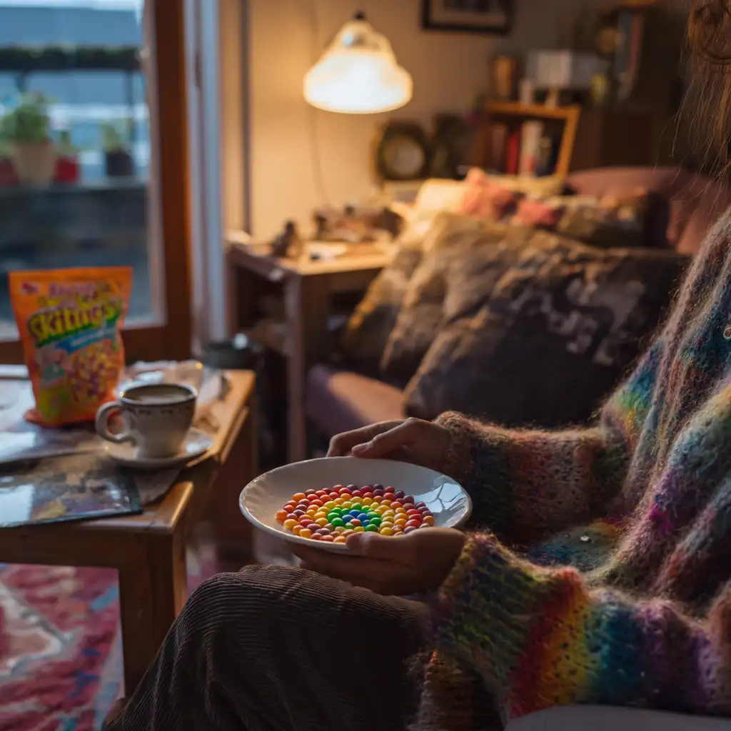 Cozy scene with rainbow Skittles swirl plate and ingredients