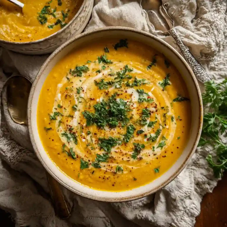 Crock pot filled with creamy butternut squash soup being ladled into bowl