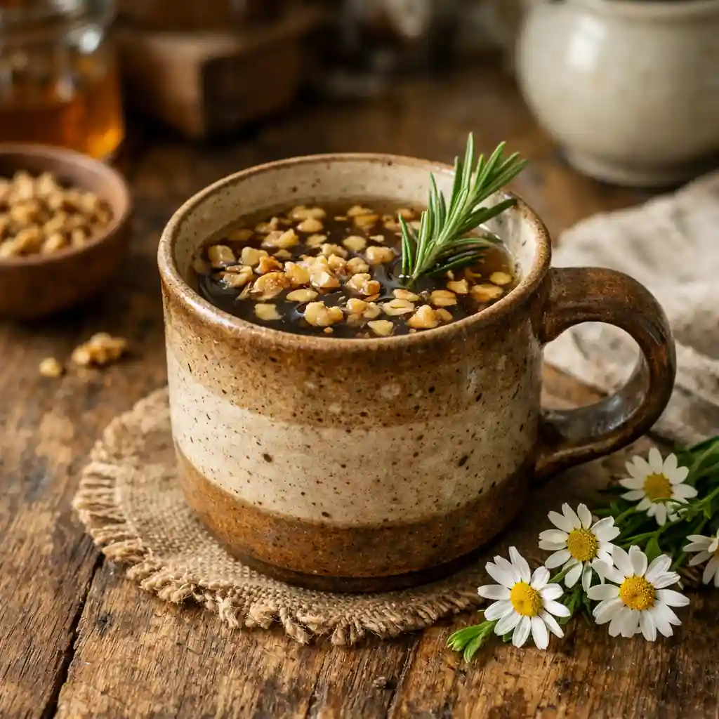 Elephant trick tea in a ceramic mug with rosemary and walnuts on a wooden table