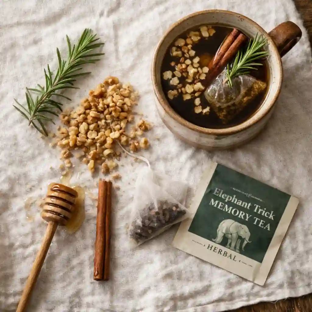 the elephant trick recipe - flat lay of ingredients for elephant trick tea including rosemary, walnuts, and honey