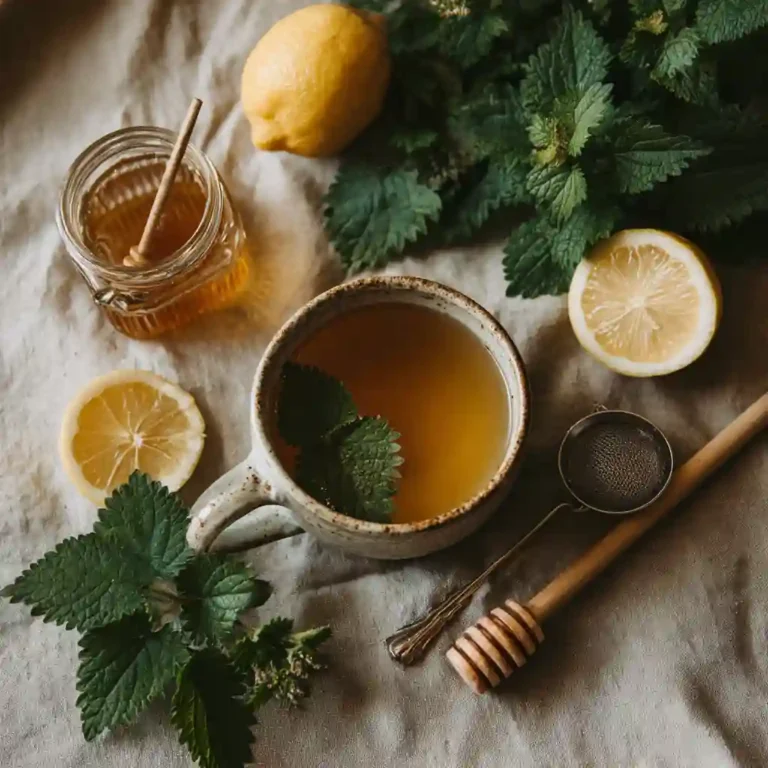 Flat lay of lemon balm tea with fresh herbs, lemon, and honey