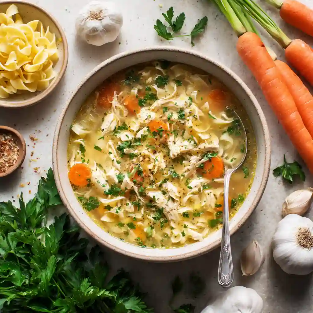 panera soup recipes chicken noodle_Flatlay of Panera-style chicken noodle soup with fresh ingredients