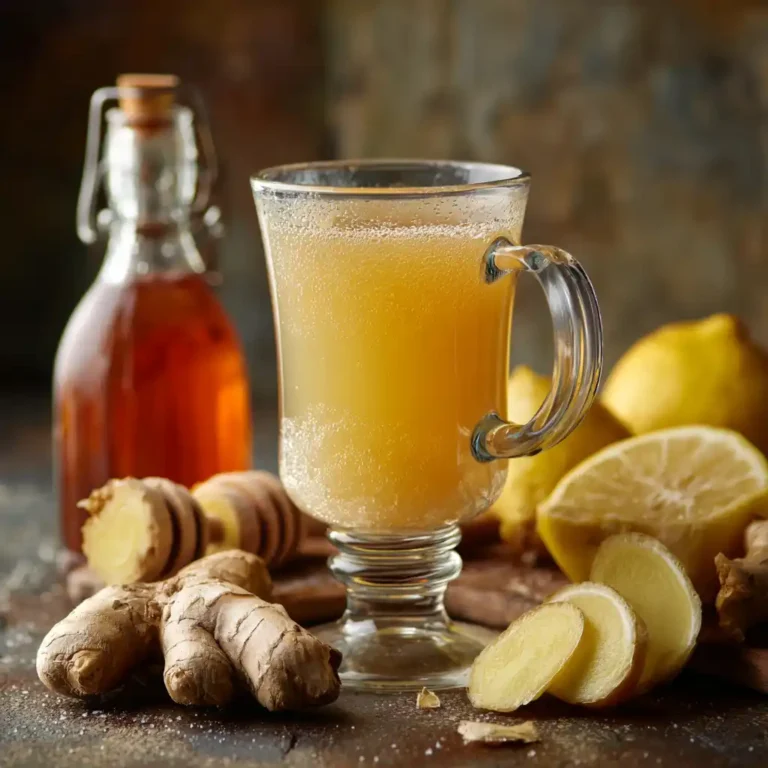 Hand holding a glass of ginger trick drink by a sunlit kitchen window