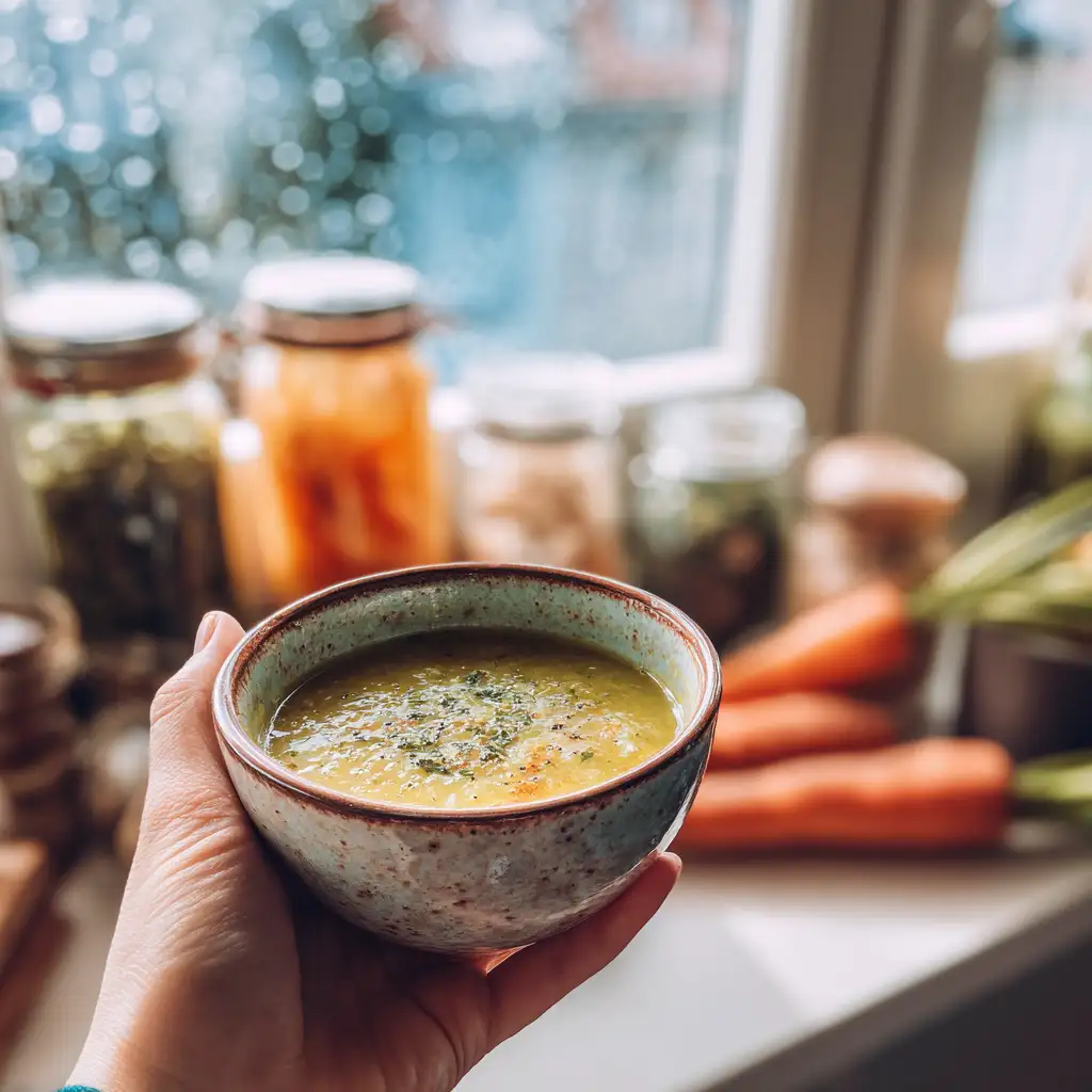 Easy Soup Recipes for Cold Nights - Hand holding a bowl of butternut squash soup near a bright kitchen window