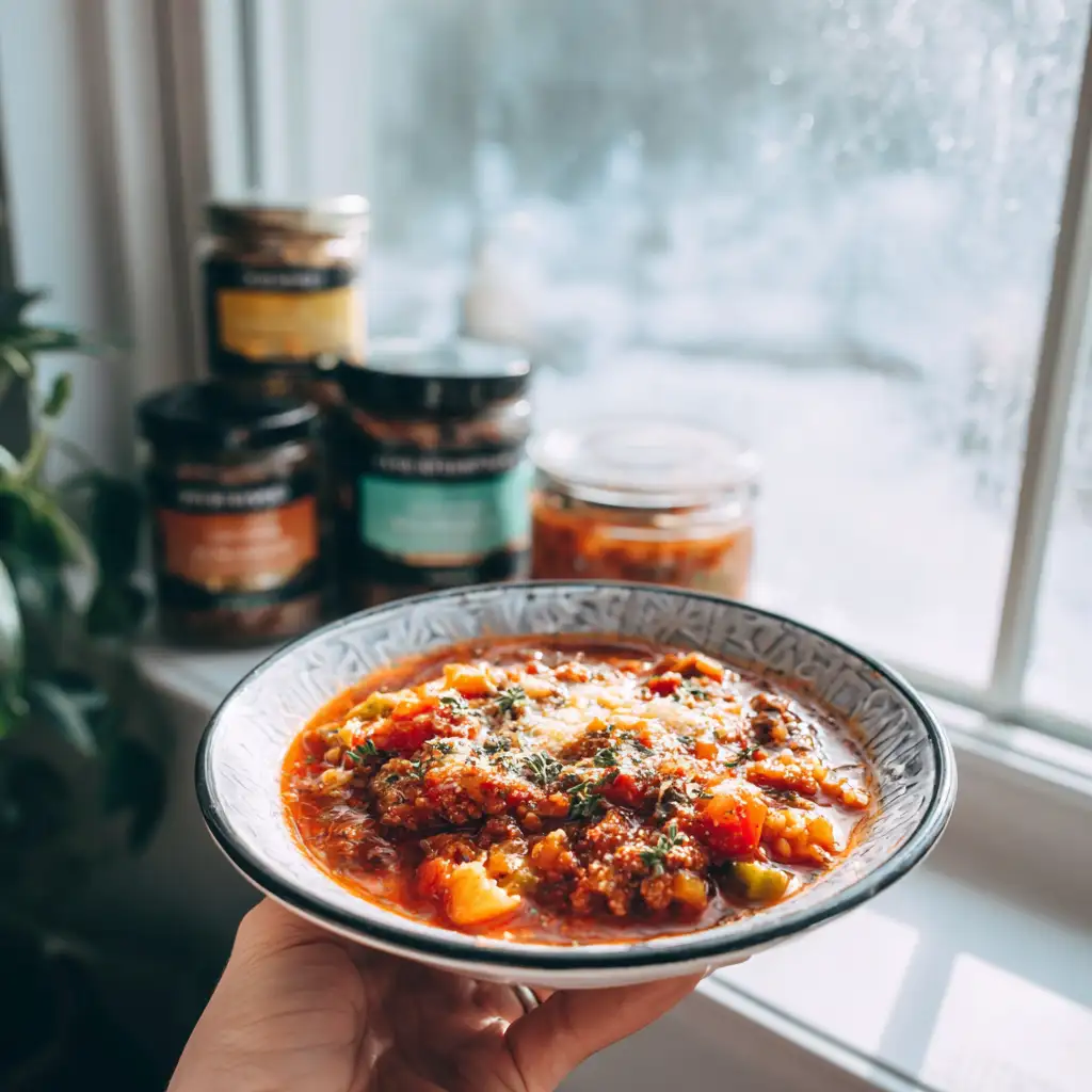 Hand holding a bowl of healthy lasagna soup near kitchen window