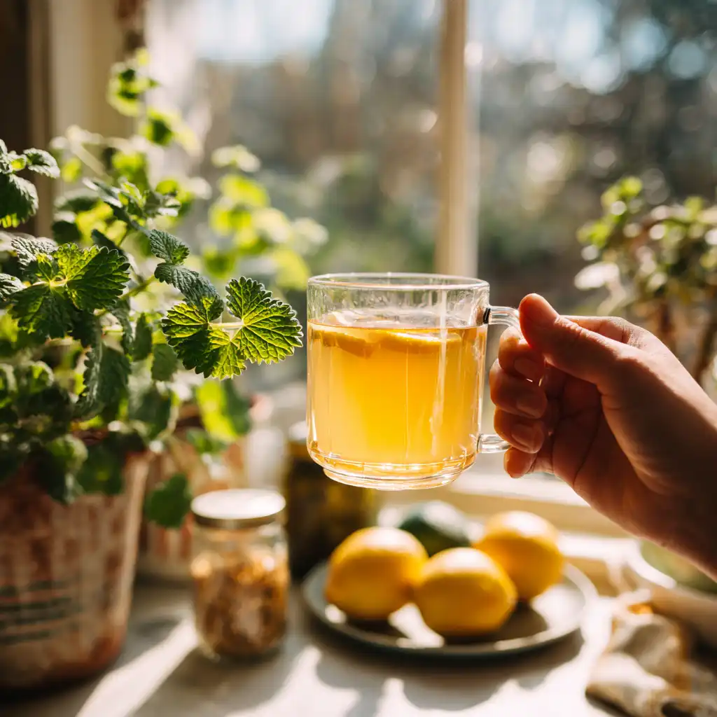 Hand holding a cup of lemon balm tea near a sunlit kitchen window