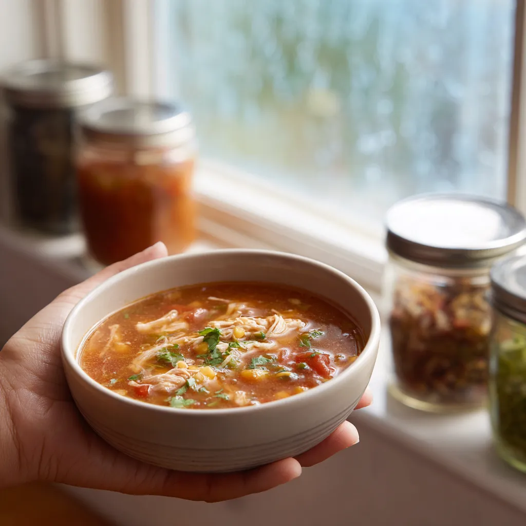 Hand holding a warm bowl of healthy chicken tortilla soup by a sunny window
