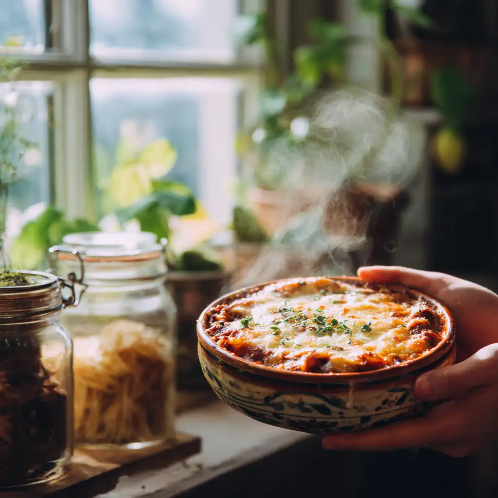 Hand holding a warm bowl of lasagna soup near a bright kitchen window