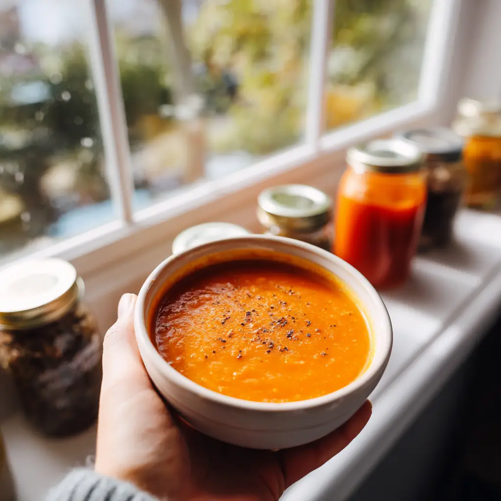 Hand holding a warm bowl of healthy butternut squash tomato soup by the window