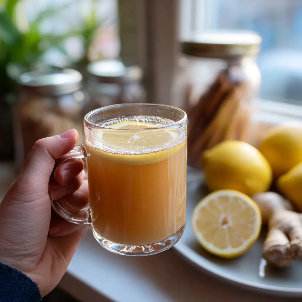 Hand holding a warm lemon-ginger water by window