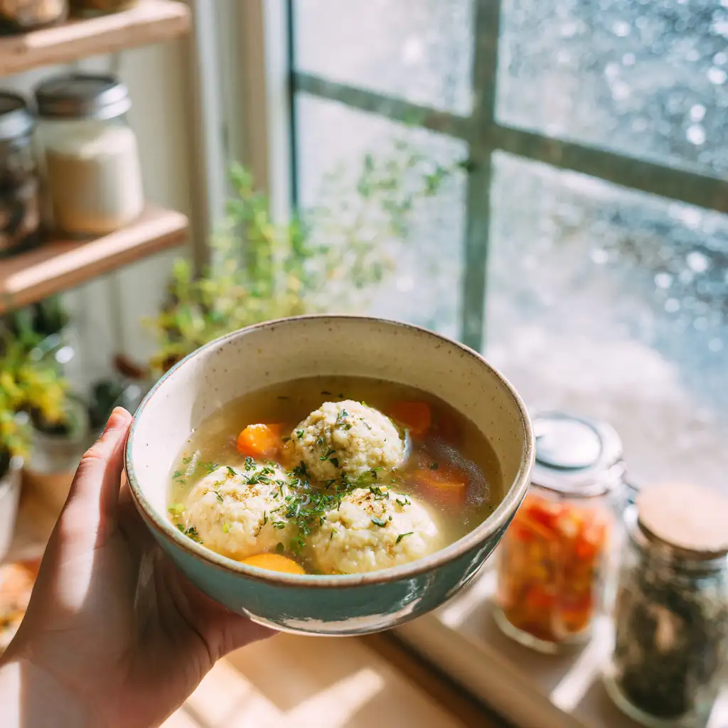 Hand holding matzo ball soup near kitchen window with blurred ingredients in background