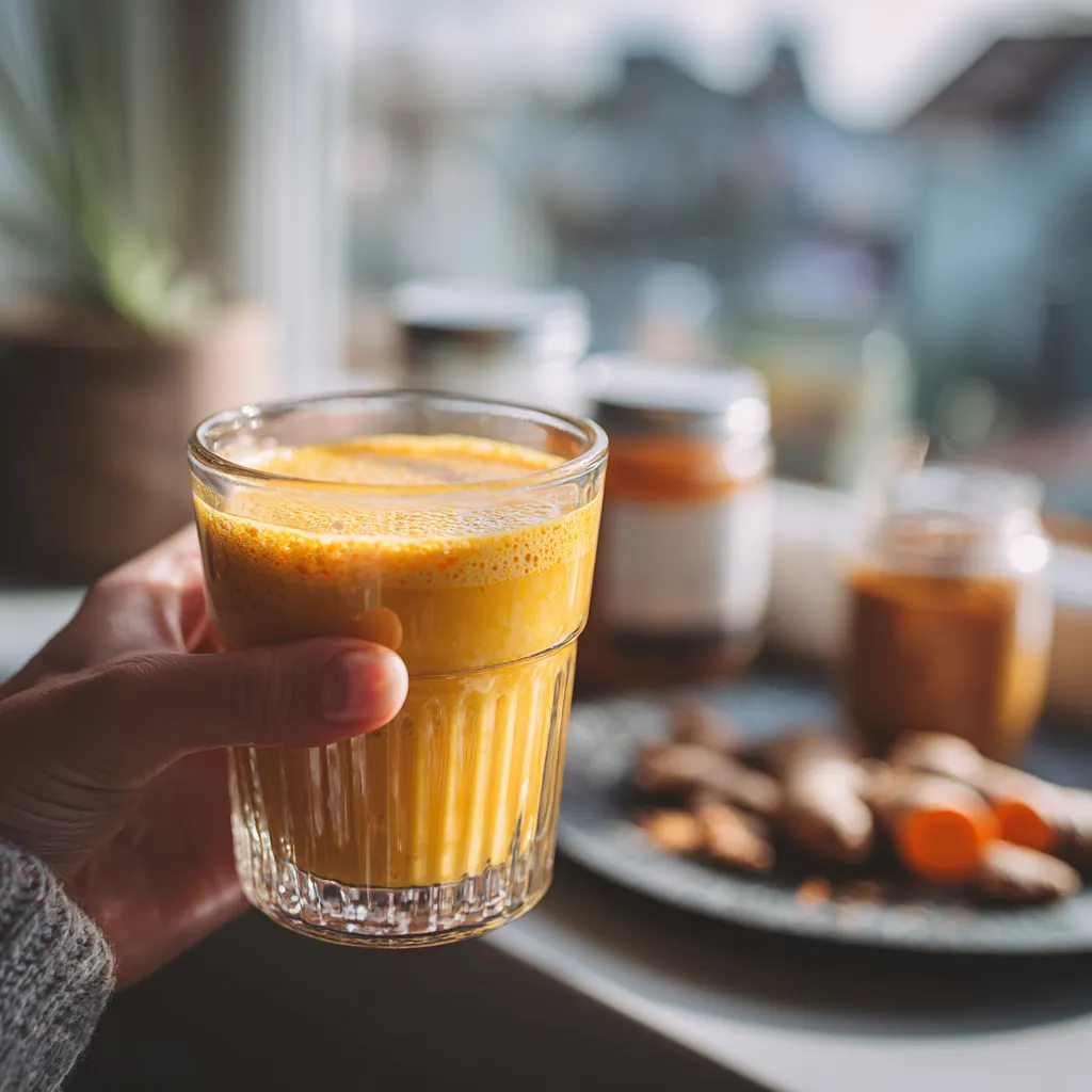 Hand holding turmeric hack drink near kitchen window in morning light