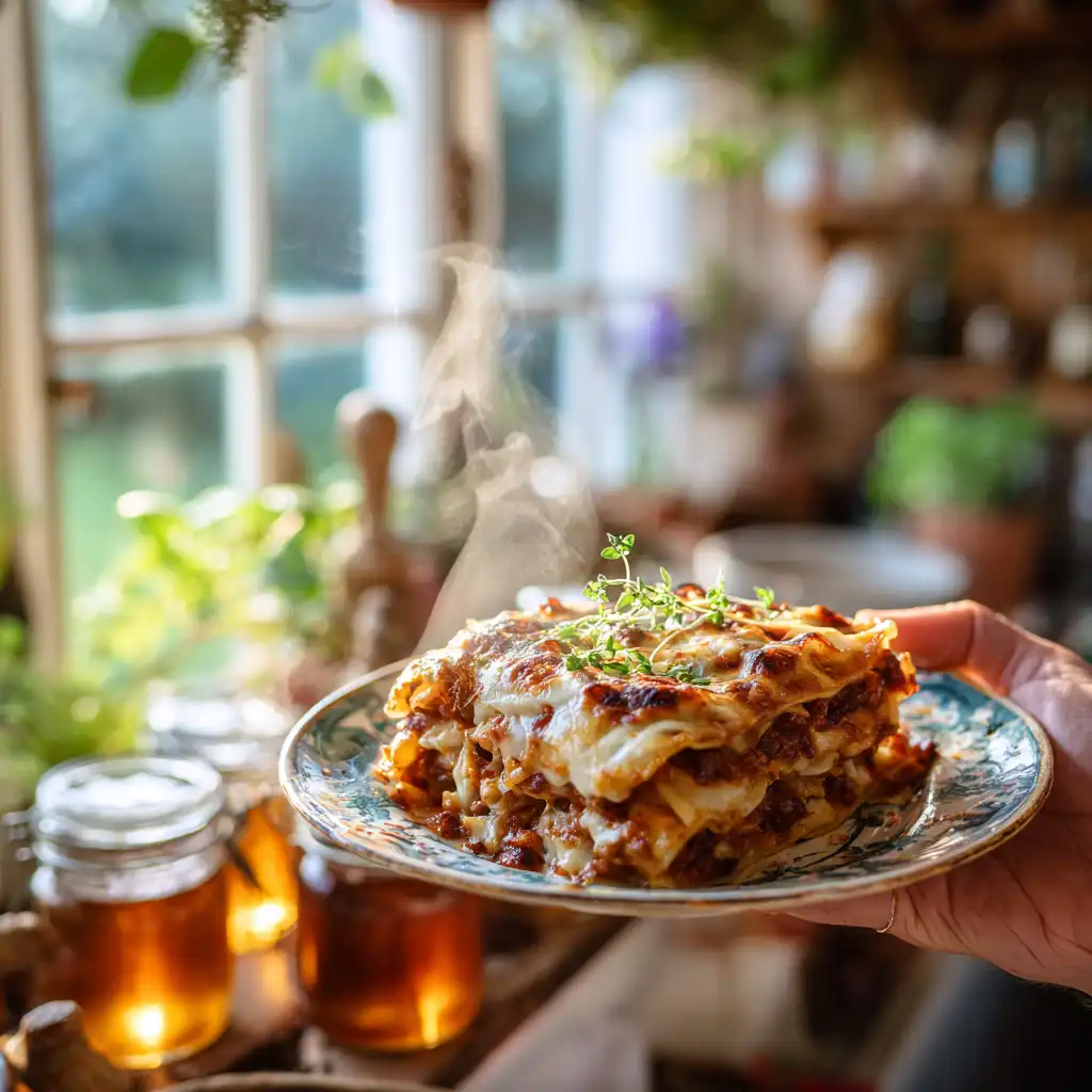 Hand holding warm dumpling lasagna near kitchen window with cozy morning light