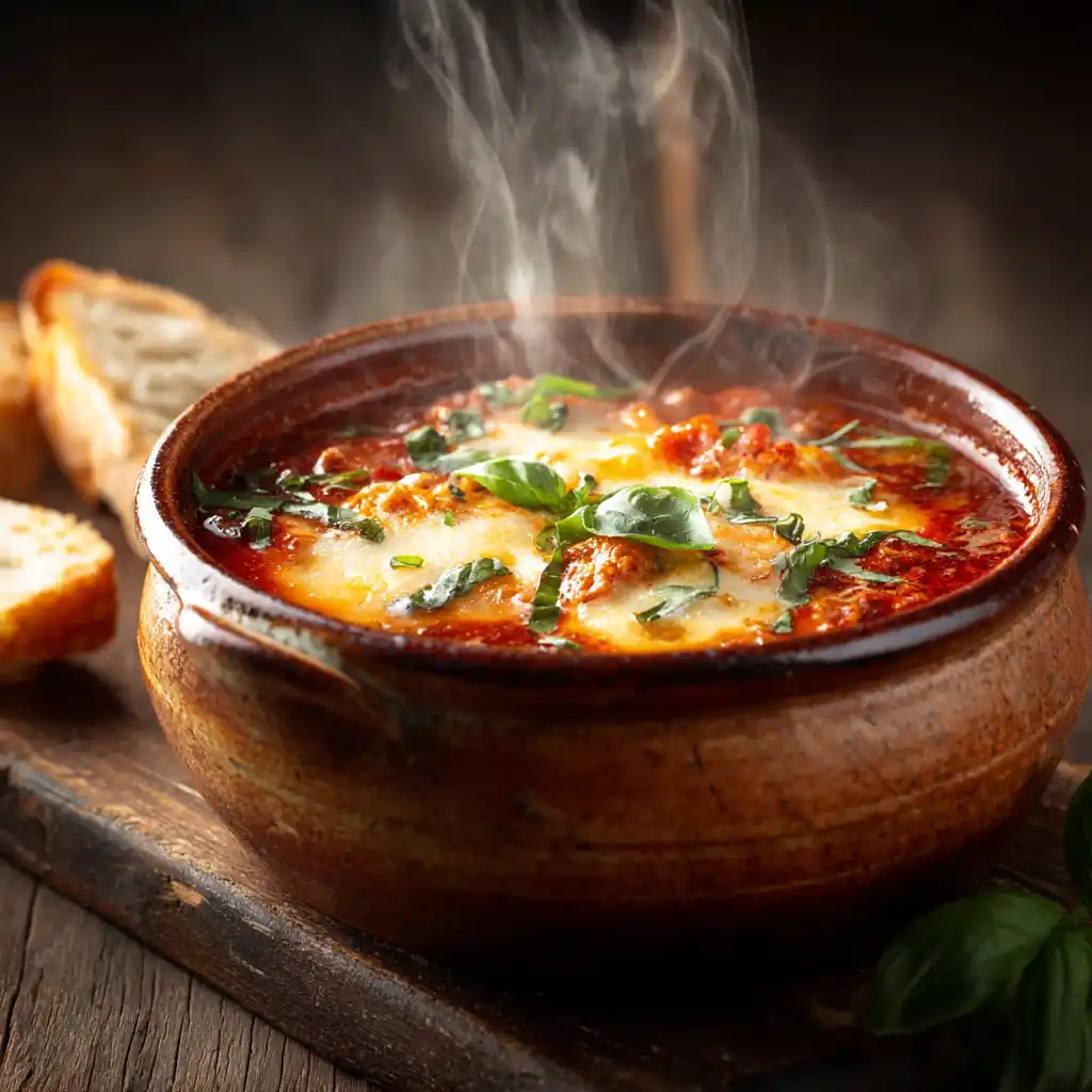 Hearty lasagna soup with melted cheese and basil served in a rustic bowl